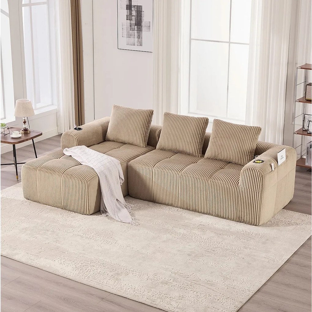 Sofa modułowa 4-osobowa - 253 x 158 x 61 cm - z kieszenią boczną + uchwytem na kubek + 3 poduszkami - aksamit - khaki