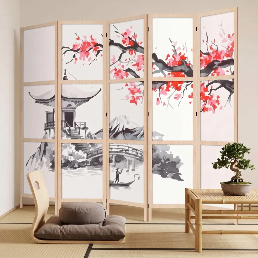 Parawan pokojowy 5-częściowy 225x172 drewniany japoński Jednostronny dekoracyjny japandi Szary Pejzaż Z Pagodą