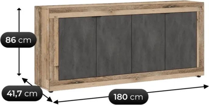 Komoda Czterodrzwiowa BLAGO 180 cm Czarny/Surowy Dąb Loft