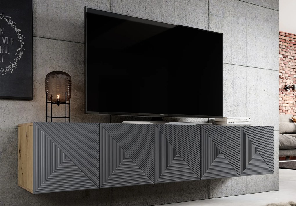 Szafka RTV Asha 200 cm wisząca z ryflowanym frontem - artisan / rivier stone mat