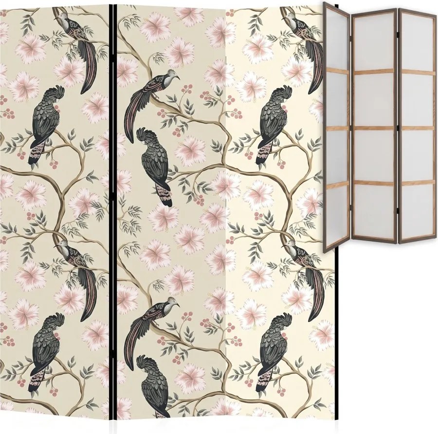 Parawan pokojowy 3-częściowy 135x172 Jednostronny dekoracyjny chinoiserie vintage Kremowy Tukany W Hibiskusach