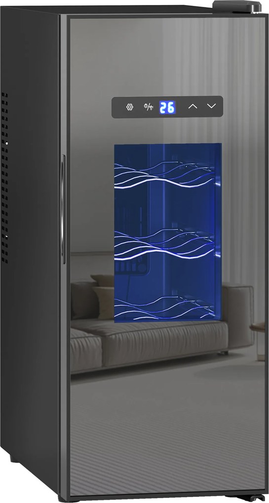 HOMCOM Lodówka na Wino dla 12 Buteli, z Drzwiami Szklanymi, Lodówka na Napoje z Oświetleniem LED, Ekran Dotykowy, Czarna