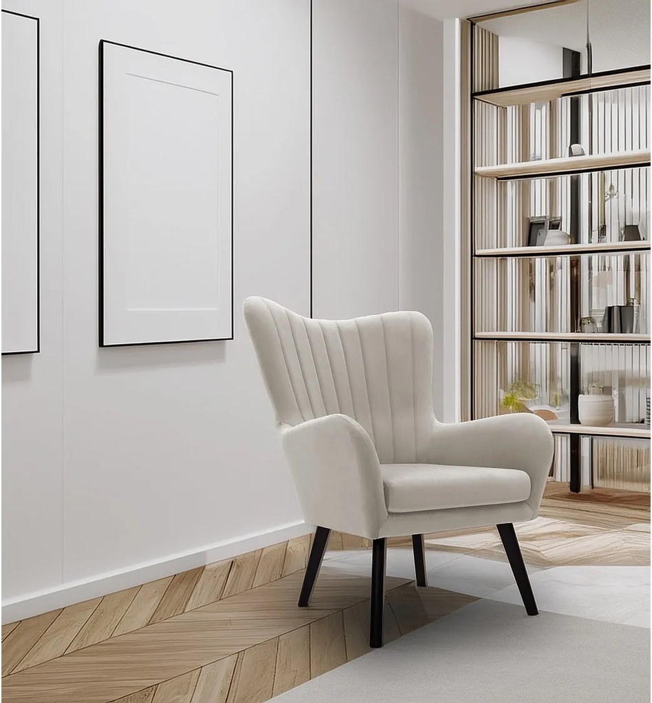 Fotel TED z tkaniny Velluto, wysoka oparcie, szerokie siedzisko, czarne nogi, pionowe przeszycia, 76x78x100 cm, jasnoszary