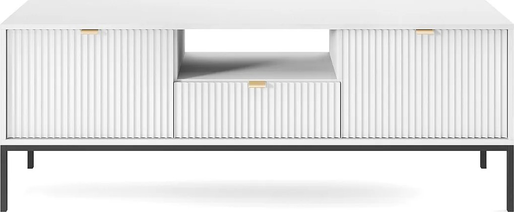 Szafka RTV: 1 szuflada, 2 drzwi, biały, czarny, 154 x 56 x 39 cm, złote uchwyty