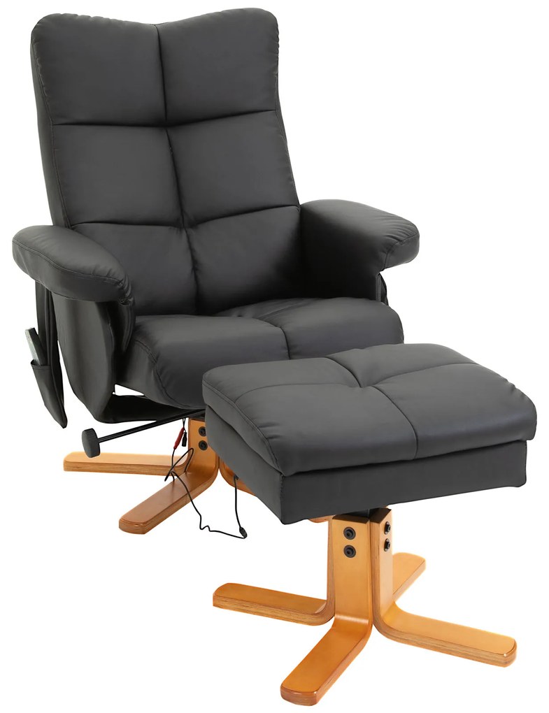 HOMCOM Fotel masujący z pufą nachylenie 145 stopni wygodny relaks sztuczna skóra elegancki czarny 80x86x99cm | Aosom PL