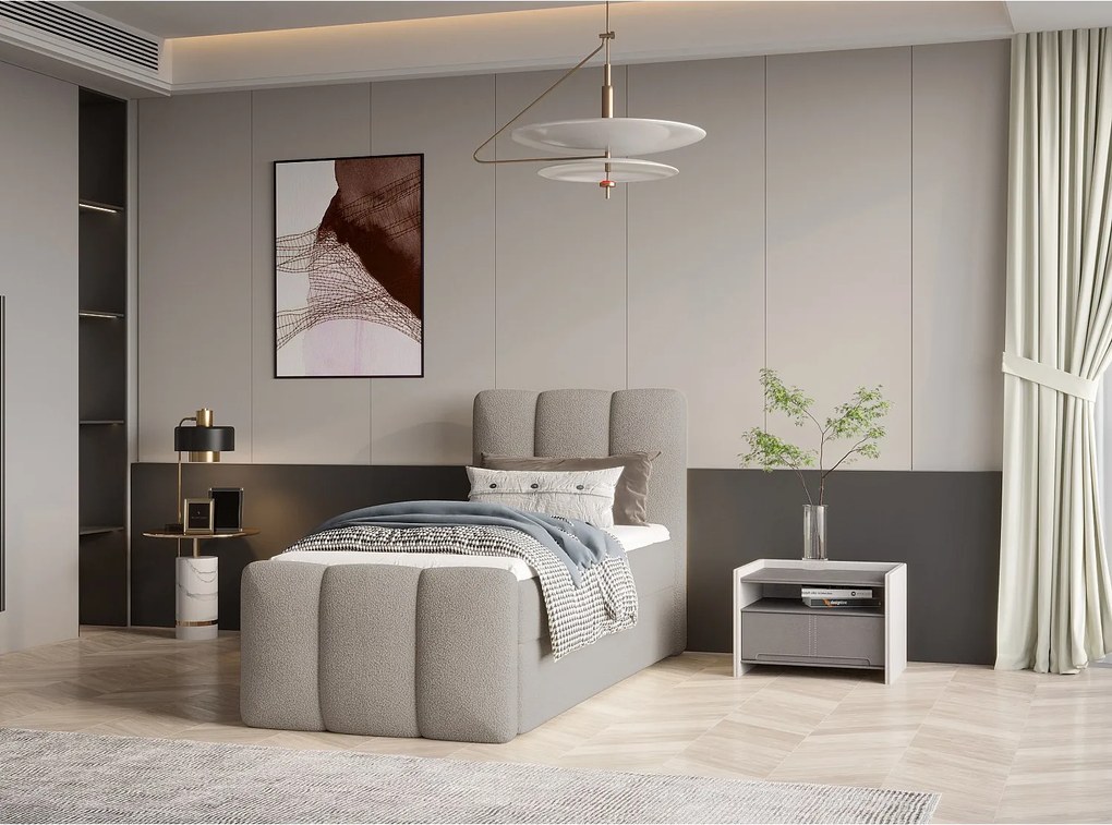 Stylowe łóżko tapicerowane KORA 90x200 cm w tkaninie CENTAUR 3 jasnoszarej