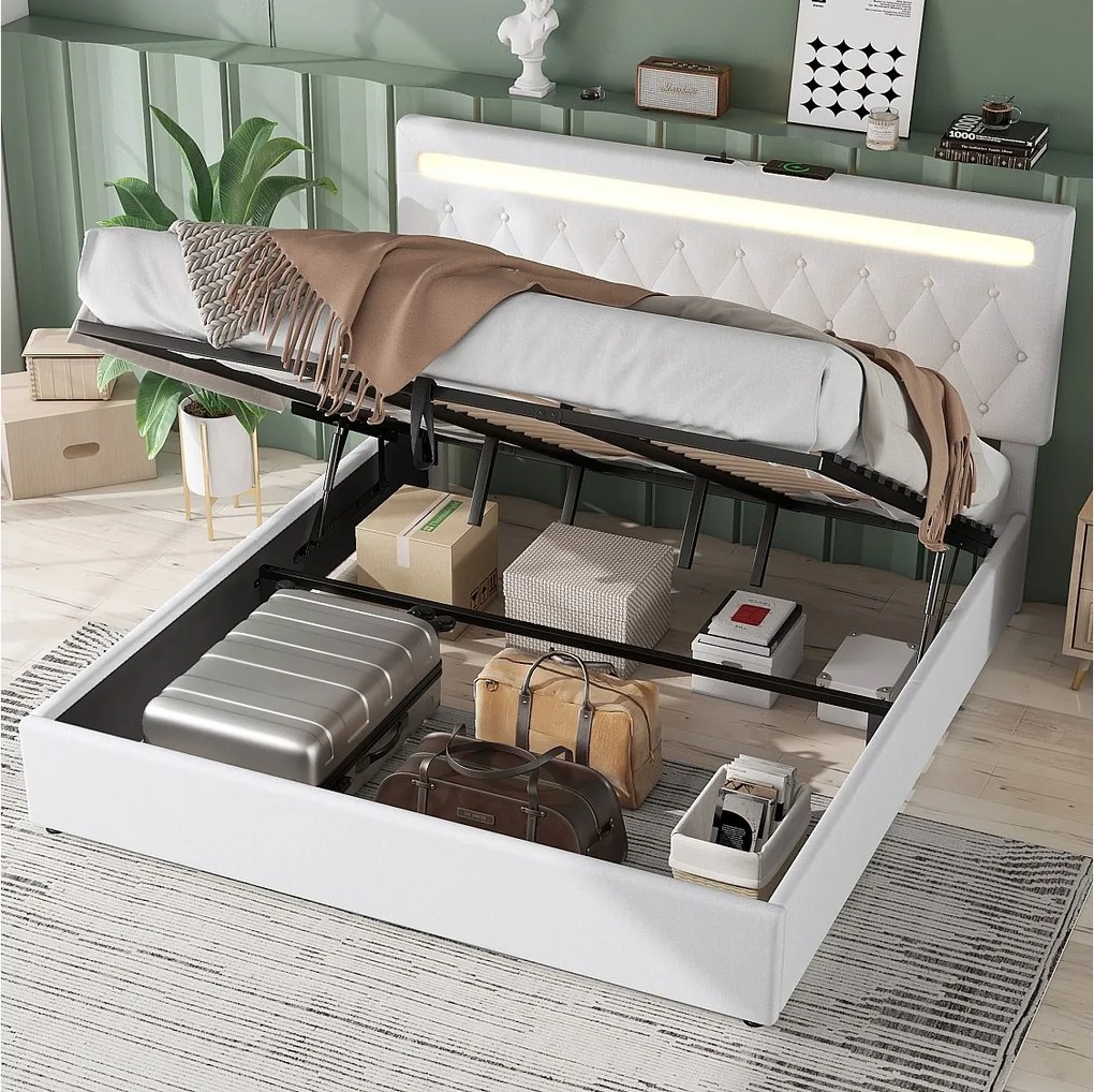 Łóżko z pojemnikiem 180 x 200 cm i zagłówkiem - port USB i diody LED - tkanina lniana - kolor biały