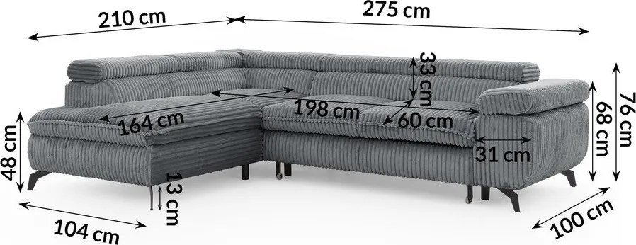 Szary sztruksowy narożnik (lewostronny/w kształcie litery L) Marbeya – Ropez