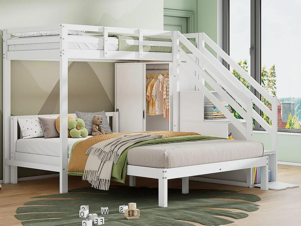 Łóżko piętrowe dla dzieci 90x200 cm + 140x200 cm - z szafą i schodami do przechowywania - z litego drewna i MDF - Białe