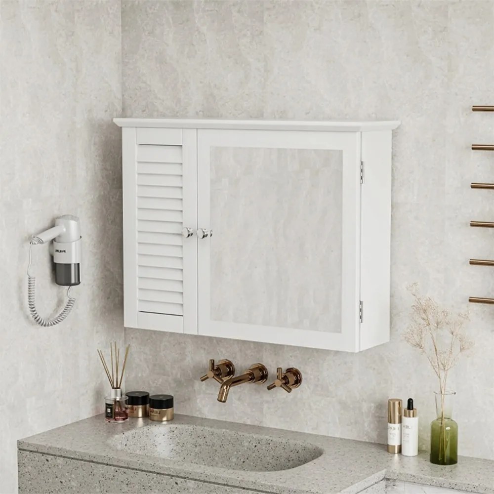 Szafka łazienkowa z lustrem montowana na ścianie 65x49x15 cm – biała, z półkami wewnętrznymi