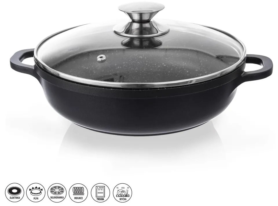 Niski garnek z powierzchnią nieprzywierającą Pfluon Granit i szklaną pokrywką Orion Grande, ⌀ 28 cm