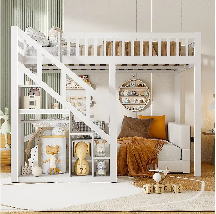 Łóżko piętrowe 140 x 200 cm, wielofunkcyjne łóżko dziecięce ze schodkami do przechowywania, białe