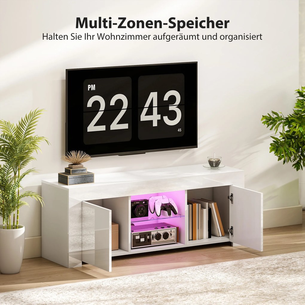 HOMCOM Stolik TV z oświetleniem LED, 2 drzwi szafy, szklana półka, otwory na kable, do salonu, płyta wiórowa, Biały