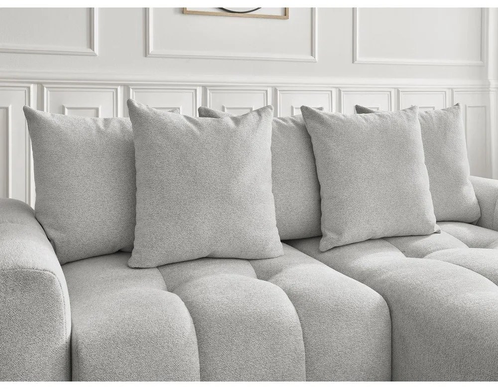 Jasnoszary rozkładany narożnik z tkaniny szenilowej ze schowkiem (prawostronny/z szezlongiem) Roxelane – Bobochic Paris