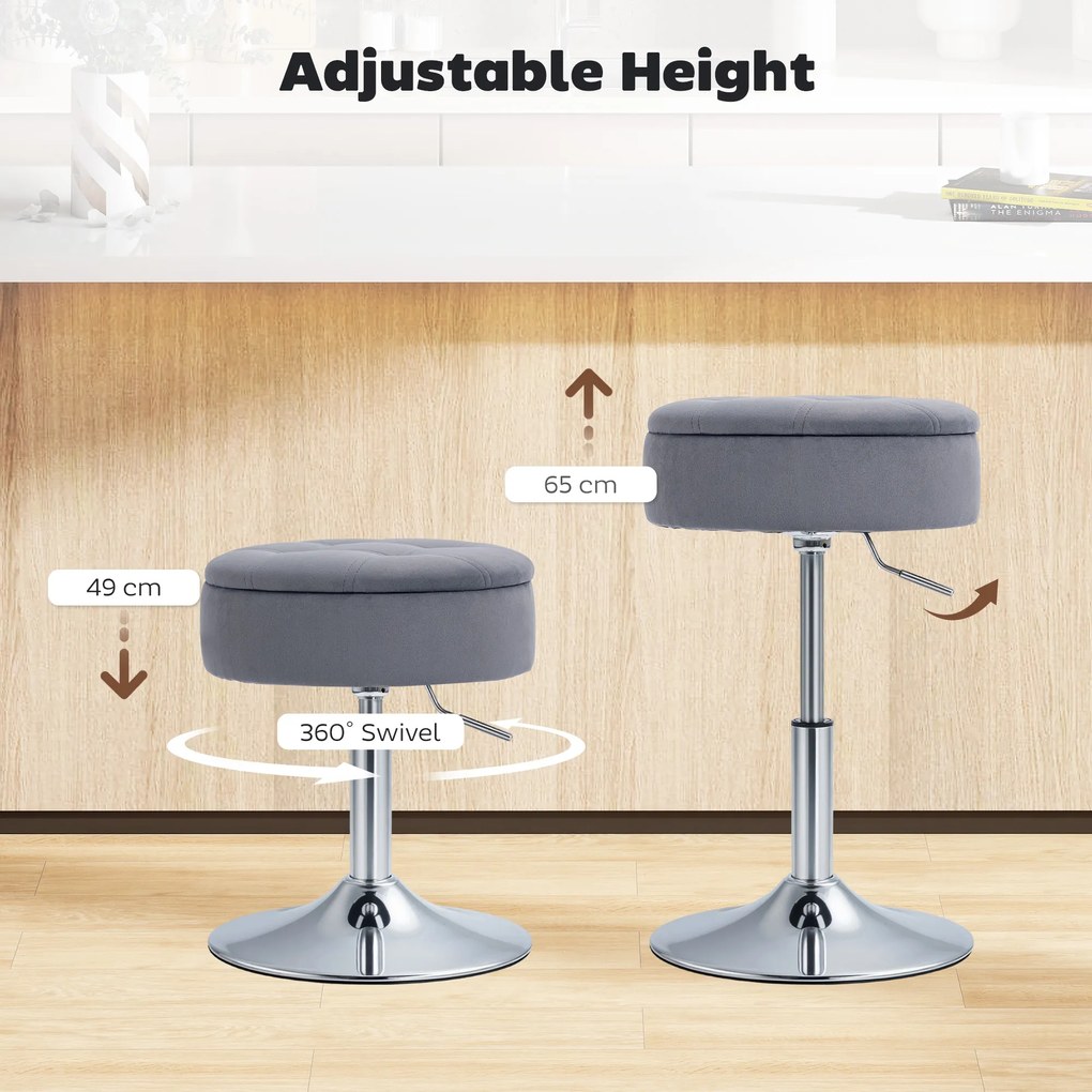 HOMCOM Stołek barowy, stołek bistro ze schowkiem, obrotowe krzesło barowe, regulowany stołek kuchenny z welurowym obiciem, 39x39x65 cm, Szary