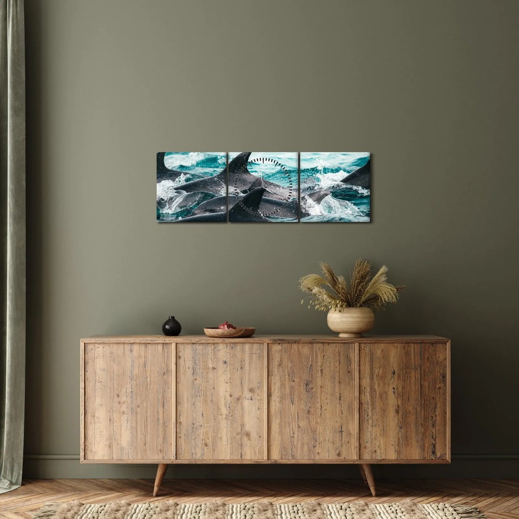 Obraz - Delfiny w oceanie (z zegarem) (90x30 cm)