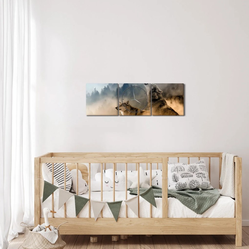 Obraz - wilki wyjące do księżyca (z zegarem) (90x30 cm)