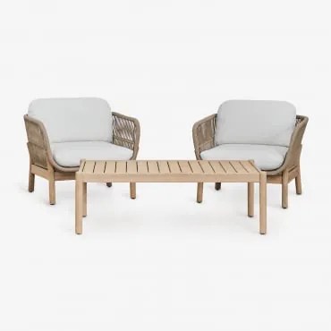 Zestaw Ogrodowy Składający Się Z 2 Foteli I Stolika Kawowego Z Drewna Akacjowego I Plecionej Liny Karvia Jasny Akacjowy Brąz & Tkaniny Biała - Sklum