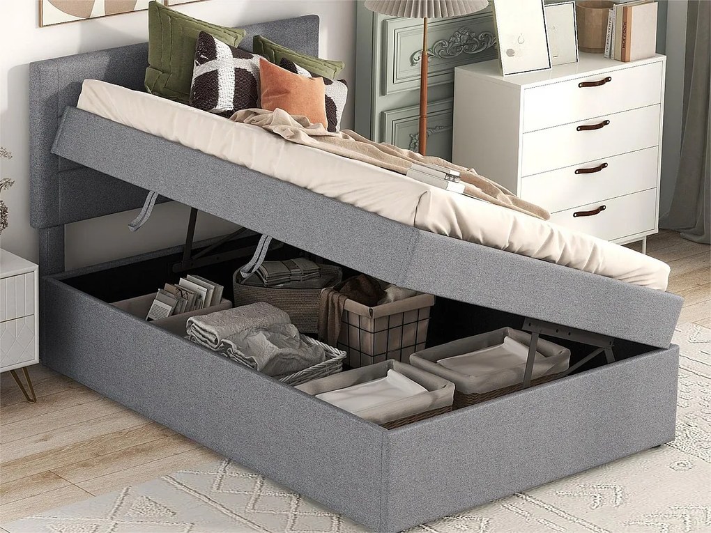 Łóżko z materacem na stelażu - 90x200 cm - tkanina lniana - Szary