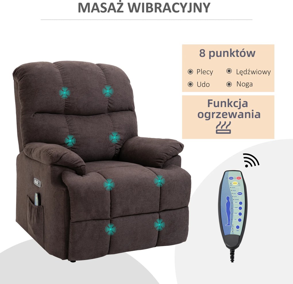 HOMCOM Fotel masujący z funkcją wstawania i ogrzewania regulowany kąt nachylenia z pilotem plusz brązowy | Aosom PL