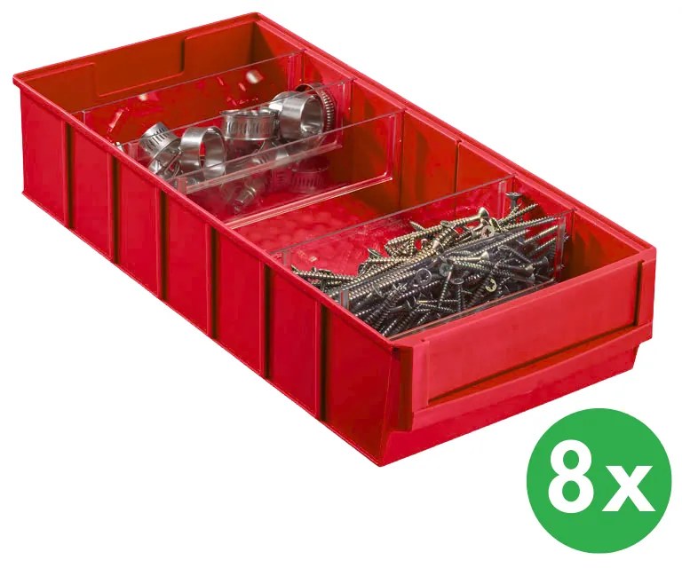 Plastikowy pojemnik do regału ShelfBox typ E - 183 x 400 x 81 mm, 8 ks, czerwony