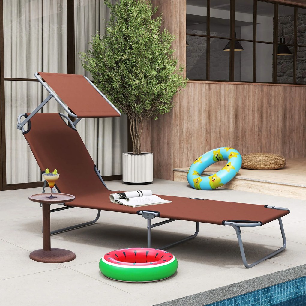Outsunny Leżak ogrodowy składany z daszkiem przeciwsłonecznym na plażę brązowy 187x58x36 cm | Aosom PL
