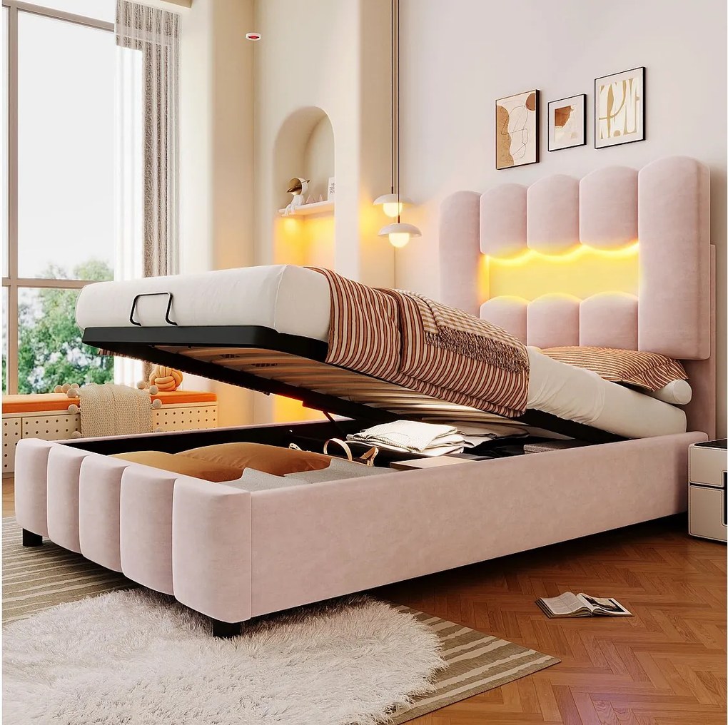 Łóżko z pojemnikiem 90 x 200 cm - Łóżko dziecięce z oświetleniem LED i regulowanym zagłówkiem - różowy aksamit - materac nie jest wliczony w cenę