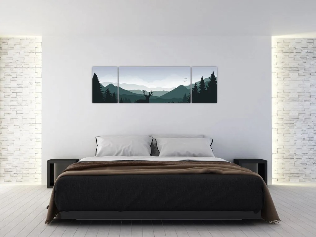 Obraz - Jeleń z wilkiem w skałach (170x50 cm)