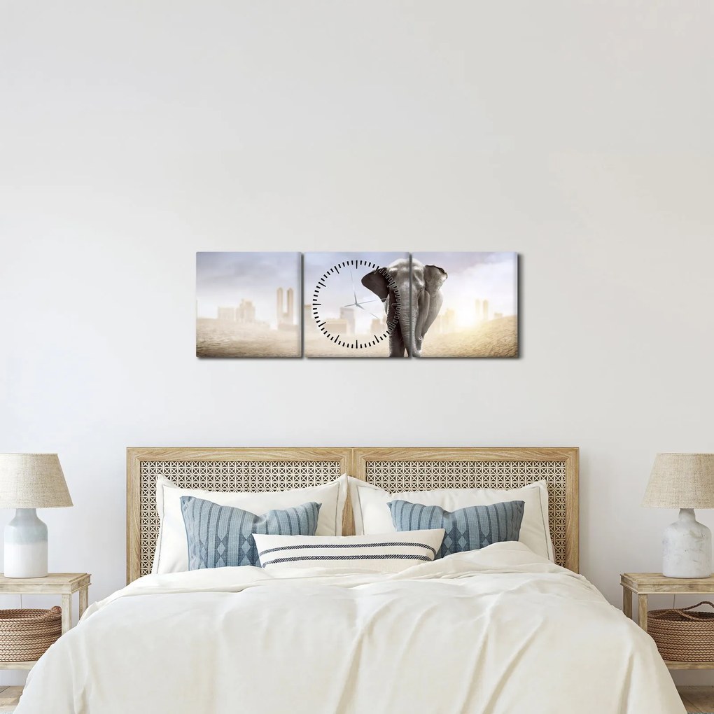 Obraz - Słonie w wielkim mieście (z zegarem) (90x30 cm)