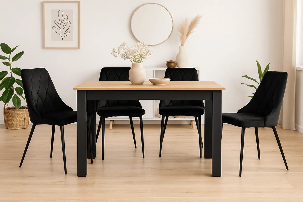 Zestaw do jadalni 1+4, czarny stół w dekorze złoty dąb MADO 120x80cm i czarne aksamitne krzesło do jadalni IMOLA