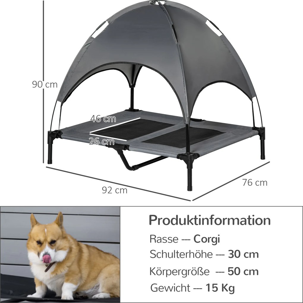 PawHut Legowisko dla psa z zadaszeniem podwyzszone oddychajacy material szara tafta 92x76x90cm | Aosom PL