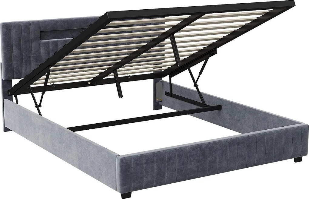 Łóżko z Pojemnikiem 140x200 cm Szary Aksamit z Podświetlanym Zagłówkiem Sterowanym Pilotem - XXL Przechowywanie, Współczesny Design