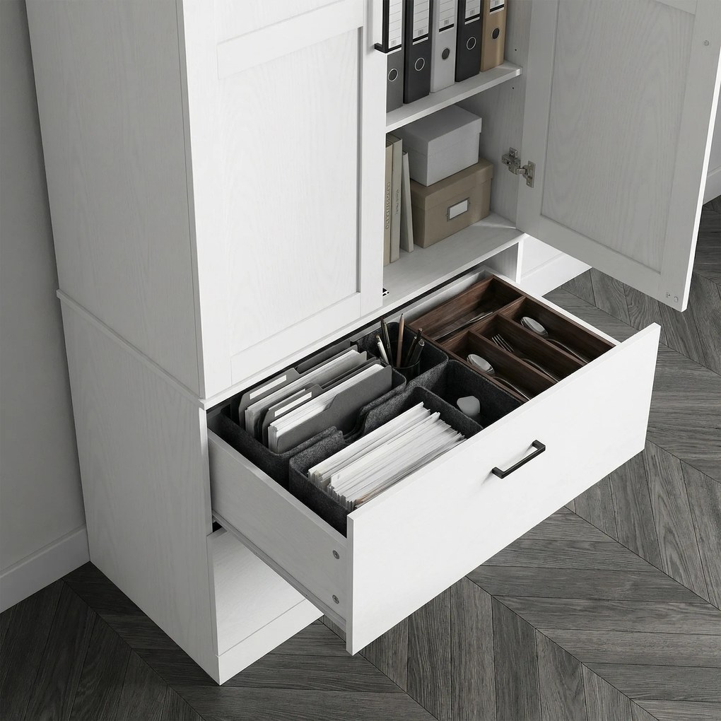 HOMCOM Samodzielnie stojąca szafka kuchenna z regulowanymi półkami i dwoma szerokimi szufladami do salonu, kuchni, Biała