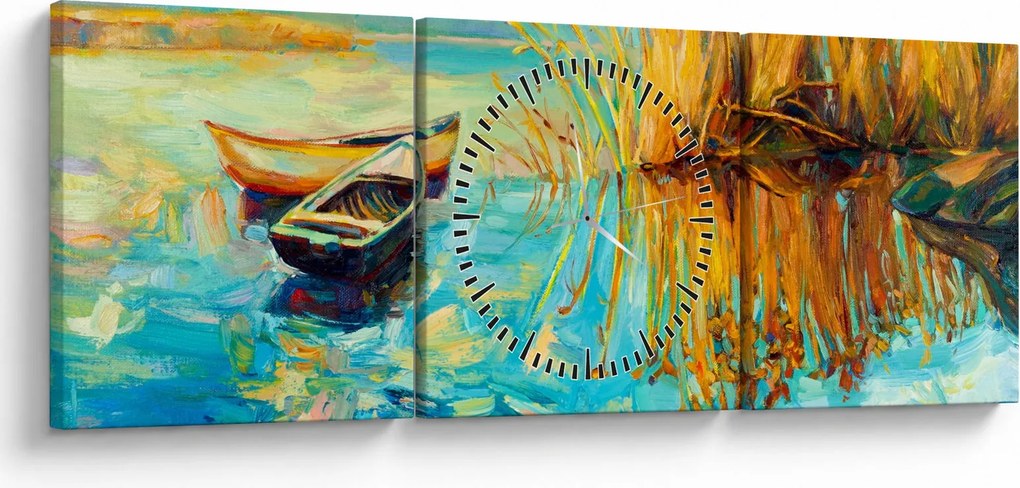 Obraz - Jezioro z łodziami (z zegarem) (90x30 cm)