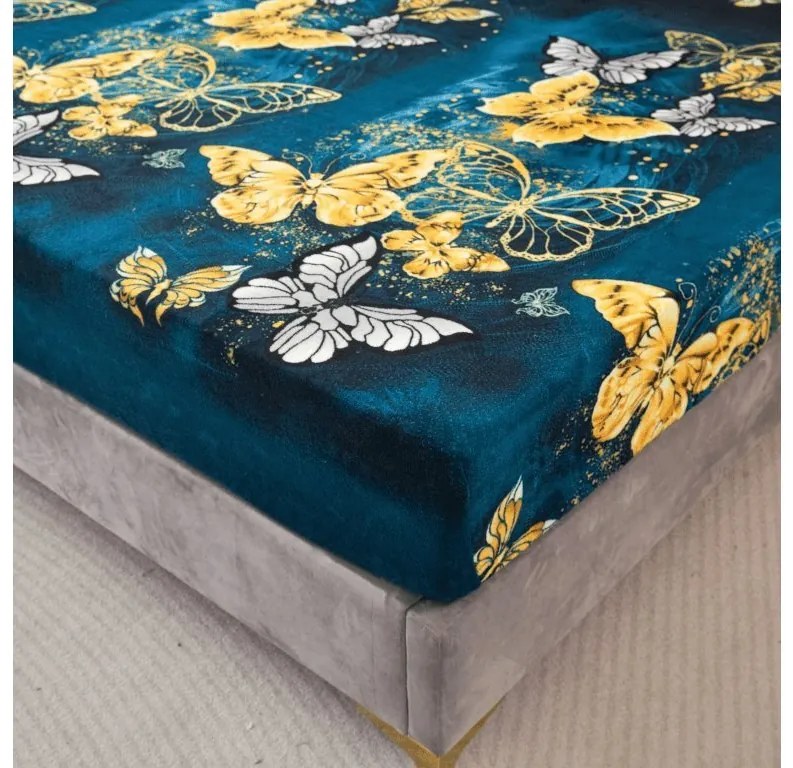 PrzytulneMieszkanie.pl Prześcieradło z mikropluszu ZŁOTO I BIAŁY MOTYL 180x200 cm ciemnozielony