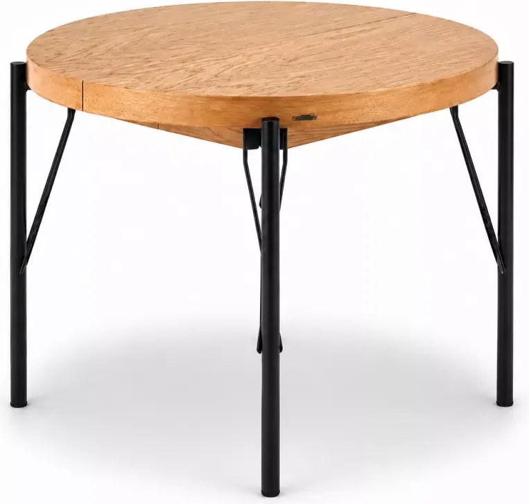 Rozkładany stół okrągły do jadalni Infinity 100-300 cm z okleiny naturalnej w stylu loft na czarnych metalowych nogach
