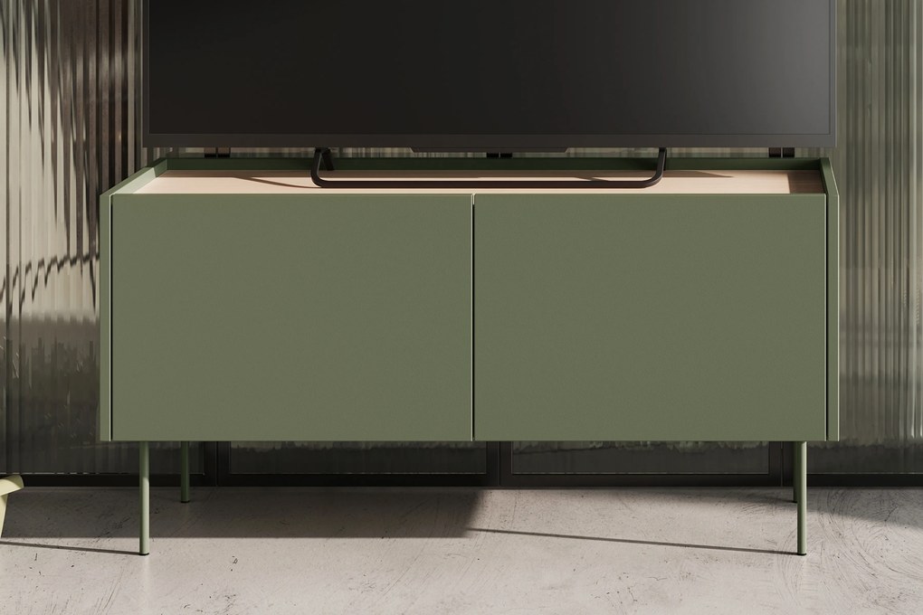 Szafka RTV Desin 120 cm z metalowymi nogami - oliwka / dąb nagano