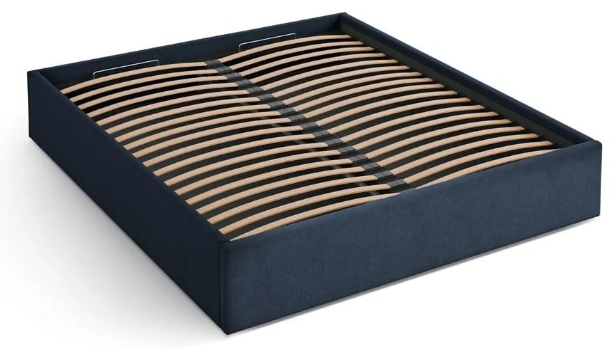 Ciemnoniebieskie tapicerowane łóżko dwuosobowe ze schowkiem/bez zagłówka ze stelażem 200x200 cm Susan – Micadoni