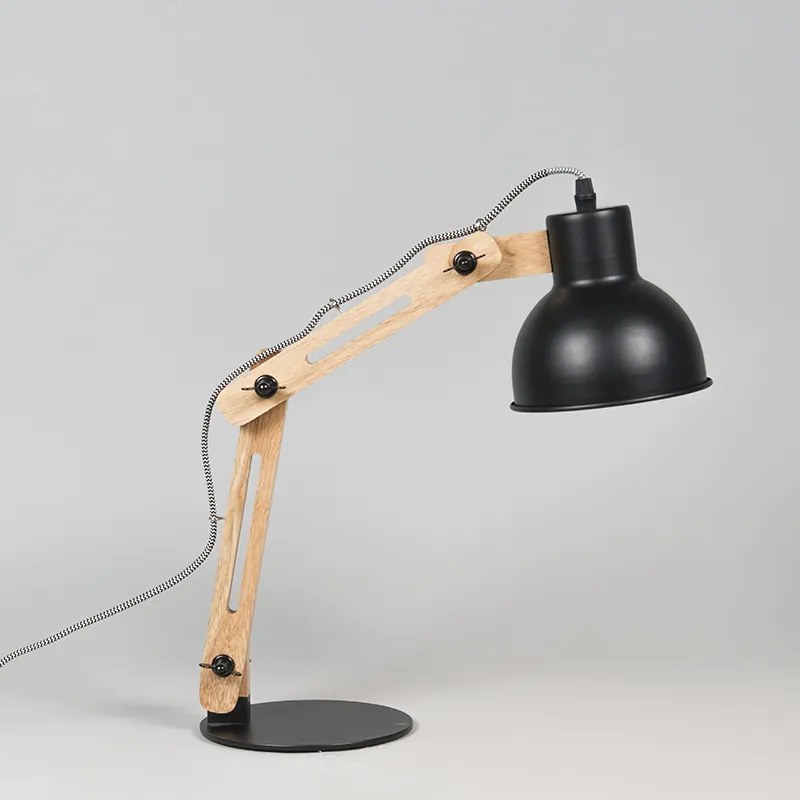 Industrialna lampa stołowa czarna z drewnem - Woodi Nowoczesny Oswietlenie wewnetrzne