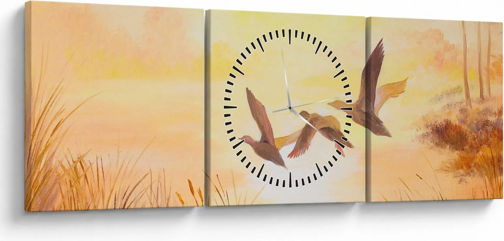 Obraz - Żurawie o zachodzie słońca (z zegarem) (90x30 cm)