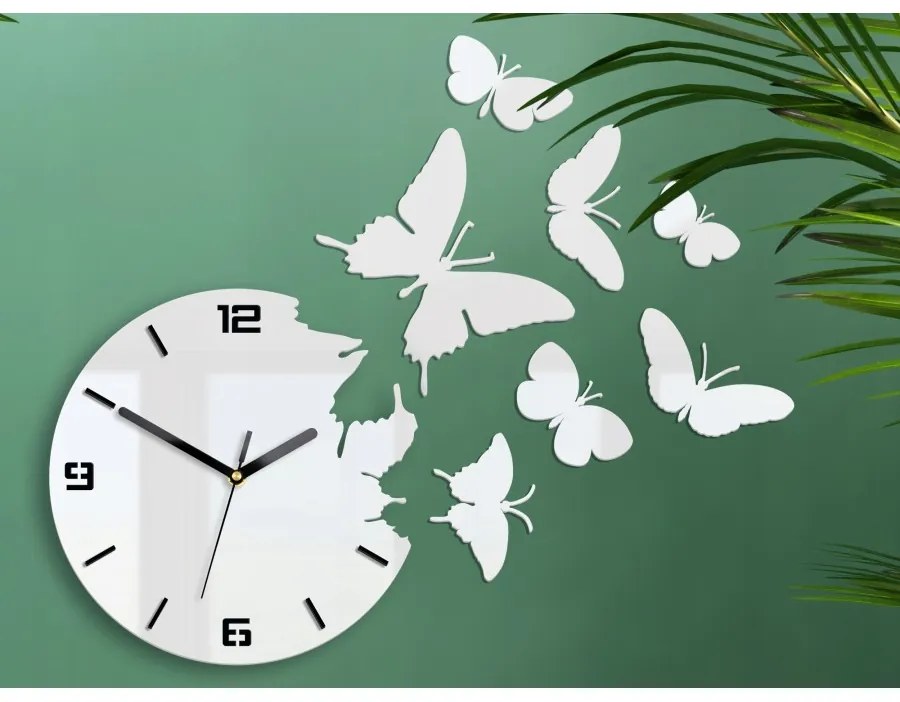 Zegar ścienny nowoczesny do salonu lub sypialni akrylowy biały z motylami