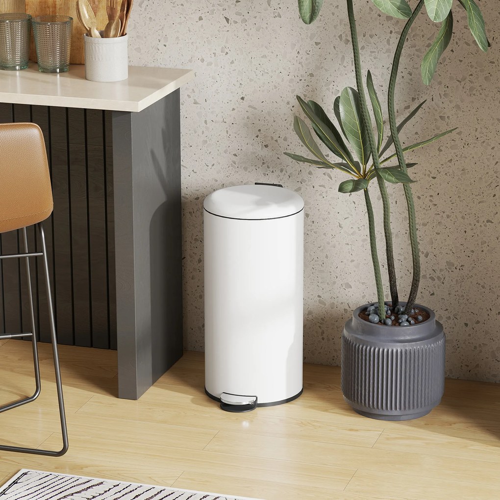 HOMCOM Kosz na Śmieci 30L, z Pedałem, Blokowalna Pokrywka, Odporny na Plamy, Kremowy