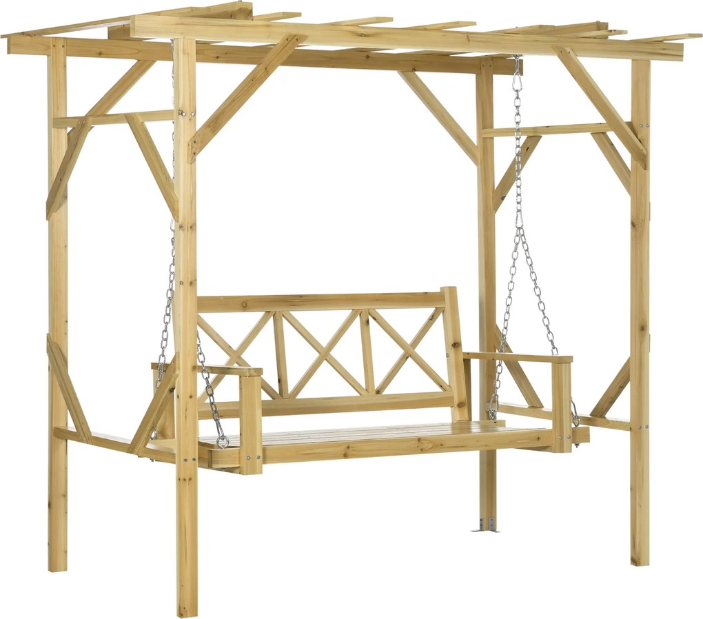 Outsunny Ławka Huśtawka z Pergolą 2 Osoby - Regulowana Wysokość, Solidne Drewno, 2,21x1,4x1,96m - Ogrodowy Azyl