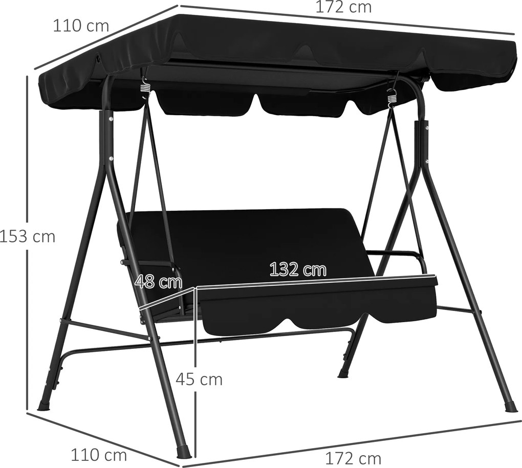 Outsunny Huśtawka ogrodowa 3-osobowa z regulowanym daszkiem stalowa czarna 172 x 110 x 153 cm