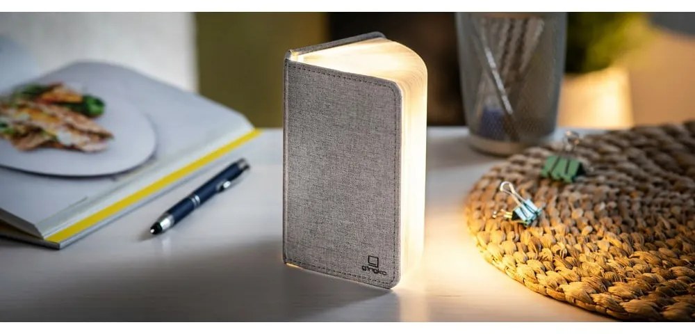 Szara lampa stołowa LED z tekstylnym kloszem (wysokość 2,5 cm) Booklight – Gingko