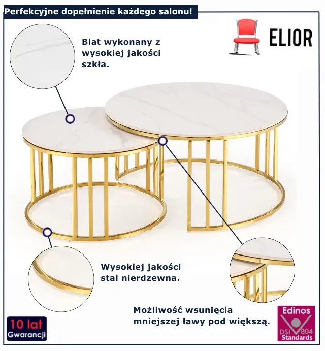 Nowoczesny komplet ław do salonu biały marmur + złoty - B9-K70