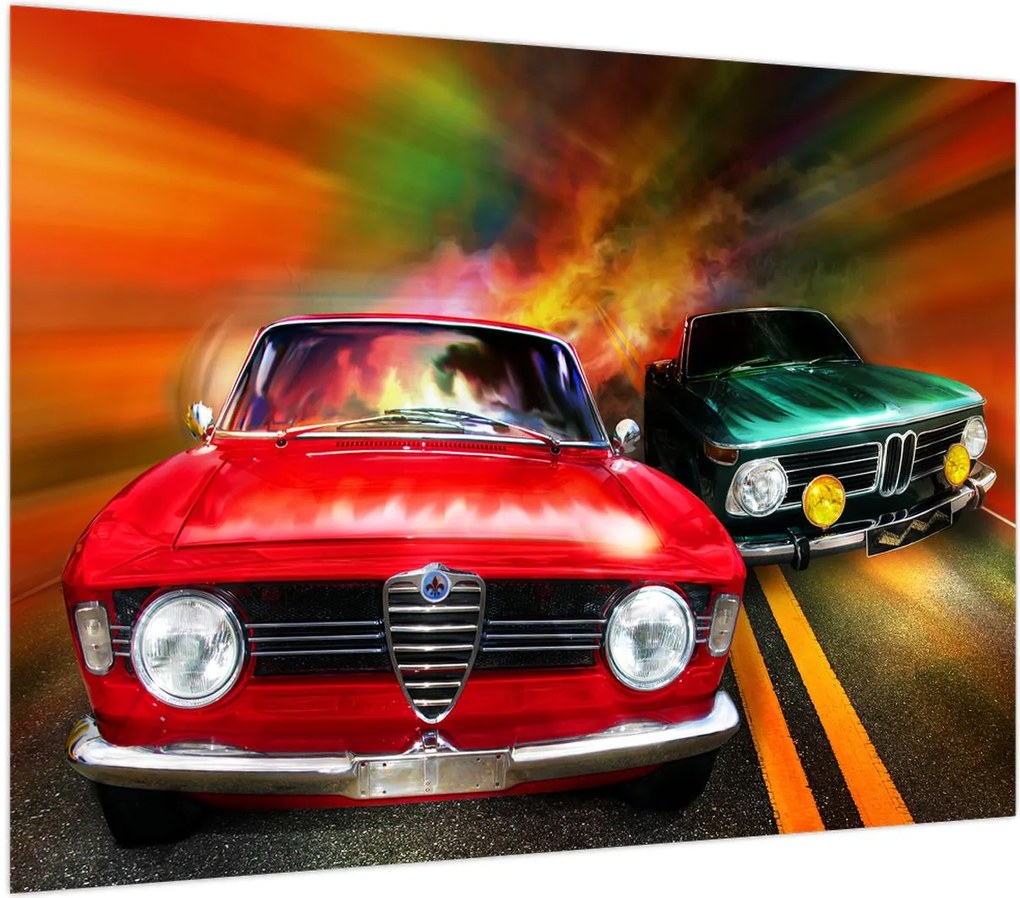 Obraz na szkle - Retro samochody wyścigowe (70x50 cm)