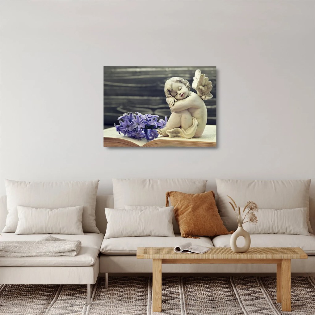Obraz na szkle anioła z kwiatem (70x50 cm)