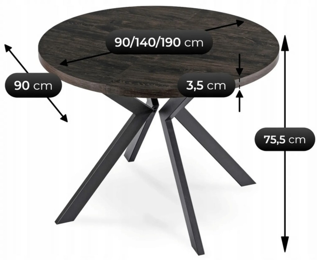 Stół Okrągły Rozkładany LUKAS 100-250 cm Czarny Nowoczesny Loft
