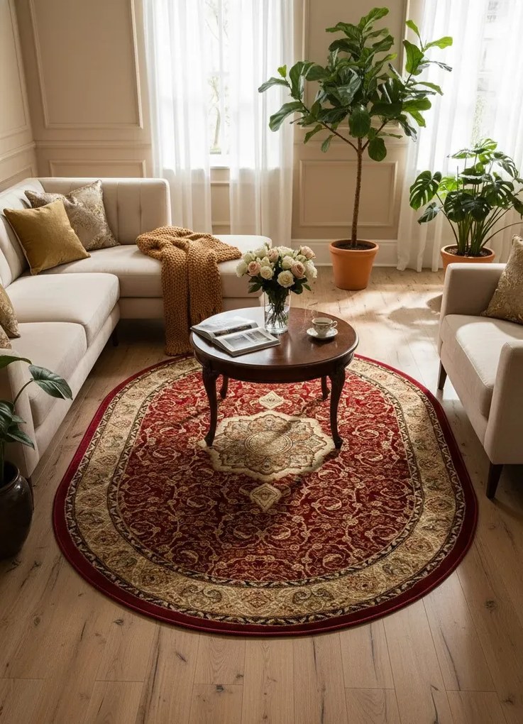 Czerwony owalny dywan w klasycznym stylu C6-S11